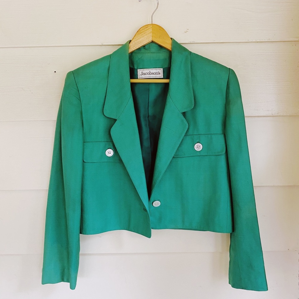 Vintage 70s green twill Jacobson’s cropped blazer size 10 work wear womens wear